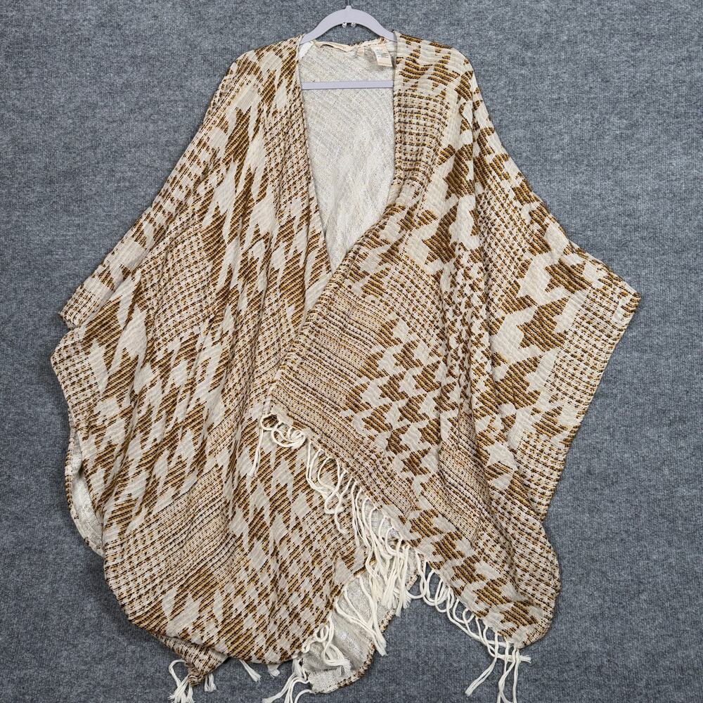 Soft Surroundings One Size Shawl Open Wrap Poncho BOHO Tan Western Design Fringe
